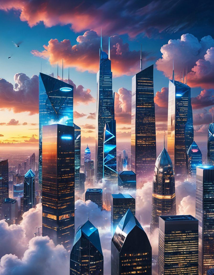 A futuristic city skyline with clouds creatively shaped like data clouds cascading down, showcasing various innovative insurance symbols like shields and lifebuoys within the clouds. Bright beams of light emerging from the clouds reflect on smart digital devices held by diverse professionals discussing strategies. The scene exudes a sense of collaboration and technological advancement. vibrant colors. super-realistic. futuristic style.