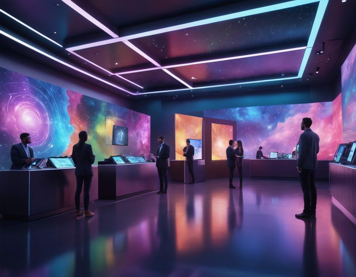 A dynamic and futuristic depiction of a digital marketplace bustling with empowered consumers exploring innovative insurance options. Showcase diverse individuals engaged with holographic interfaces, surrounded by glowing nebula-like patterns and modern technology elements. The scene should convey a sense of community and progress, integrating motifs of trust and security. Use vibrant colors and a sleek, super-realistic style to bring it to life.